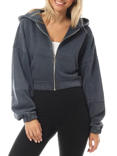 Design by Olivia Women's Zip Up Hoodies Cropped Sweatshirts Fleece Jackets Fall Outfits Casual Hooded Tops Winter Clothes Navy (Vintage Acid Wash) S