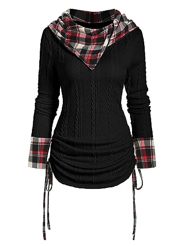 Image of ZEZCLO Women's Twisted Cable Knit Plaid Print Hooded Sweater Mock Button Ruched Shawl Neck Knit Top