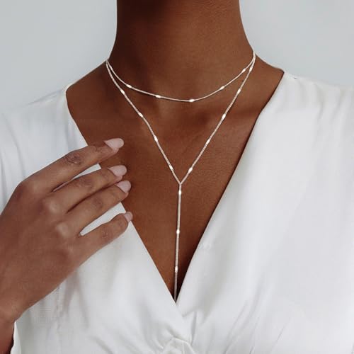 luxval lariat silver necklace for women dainty long necklace silver y-shaped pendant necklaces trendy beaded chain drop necklaces jewelry for women gifts