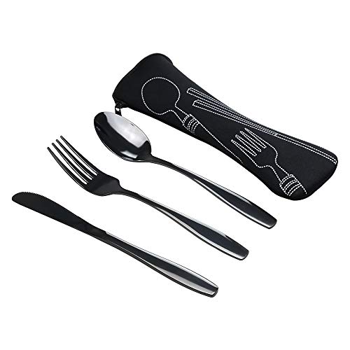 Ponpong 3 Pièces Noir Couverts Acier Inoxydable pour Randonnée Camping Voyage Pique Nique, Service 1 Personne Cover