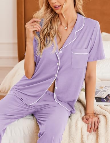 Image of Ekouaer Womens Pajamas Set Short Sleeve Button Down Top & Pants Lounge Pjs | Soft Sleepwear with long pants, ideal for Home relaxation, Wedding, Party, Daily Wear & Breastfeeding