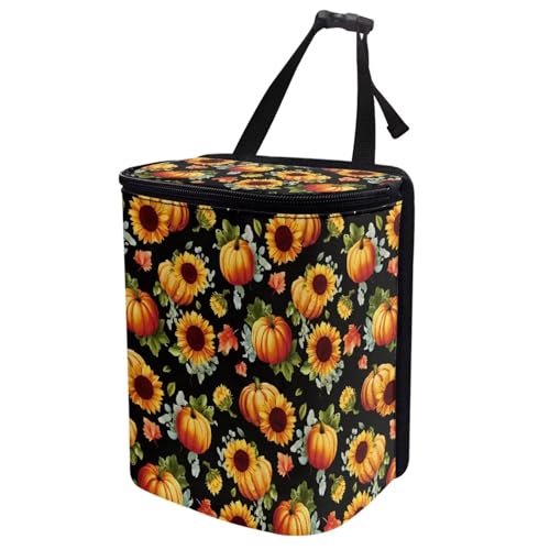 Image of Talayituse Sunflower Pumpkin Maple Leaves Print Car Trash Can with Adjustable Straps, Thanksgiving Decor Car Trash Bag Bin Car Garbage Bag Multipurpose Storage Box for Vehicle Travel Camping Picnicing