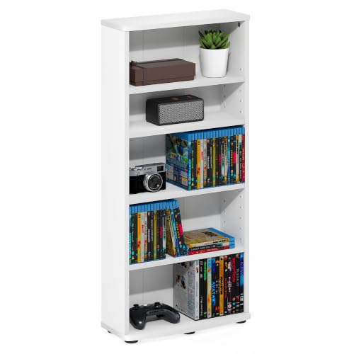 Image of Furinno Jaya DVD Shelf, 5-Tier CD Rack, Media Shelf, White | Open Shelf, Adjustable Shelves, DVD Storage Cabinets for CD Blueray Game Disc, Easy Assembly, for Living Room, Home Office