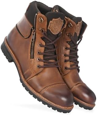 Harrykson London Men's Brown Rugged Side-Zip Combat Boots - Durable Leather Outdoor Boots with Padded Collar and Heavy-Duty Rubber Sole
