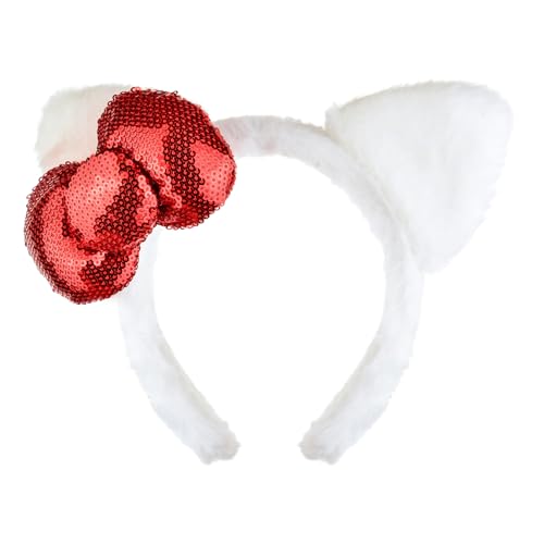 A Miaow White Cat Ears Plush Hair Band Kitty Headband Kitten Bow Fluffy Hair Accessories Costume Party Cute Hairband for Women Cosplay (Red Sequin)