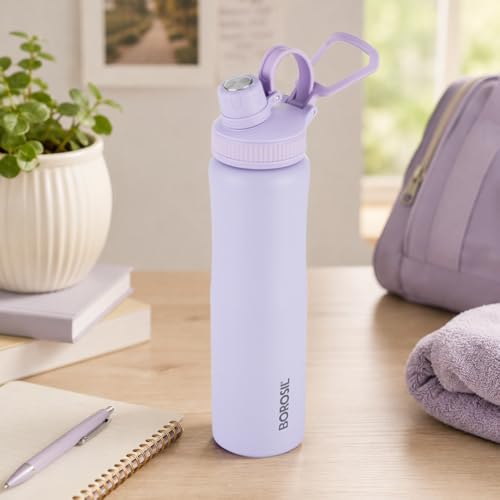 Image of Borosil 800ml Active Lavender Stainless Steel Thermos Water Bottle | Vacuum Insulated Flask | Hot 14 Hrs Cold 18 Hrs | Wide Mouth | 1 Year Warranty