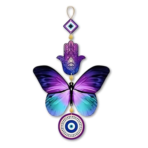 Butterfly Hamsa Evil Eye Wall Hanging Decor, Purple and Turquoise