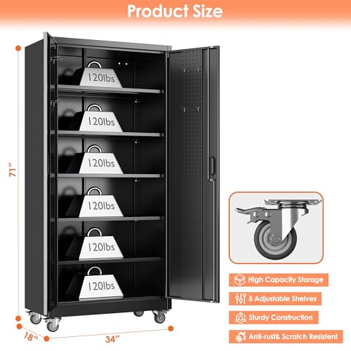Image of Garage Storage Cabinet with Wheels & Pegboard Doors, 71-Inch, Black