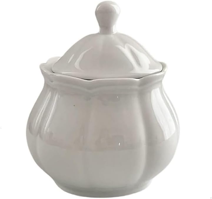 WAIT FLYVintage Embossed Ceramic Sugar Bowl with Lid, Sugar Container, Sugar Jar for Kitchen Countertop, Coffee Bar-White-Sugar Bowl