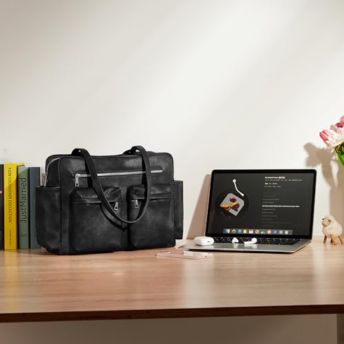 Image of KALIDI Tote Bag Vegan Leather Women Pocket Utility Bag Faux Leather Shoulder Travel Purse Vintage Handbag for Work