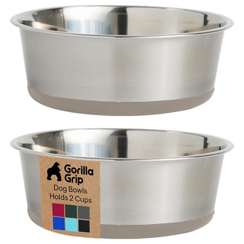 GORILLA GRIP Dog Bowls, Food Grade 304 Stainless Steel, Holds 2 Cups Each (16 fl oz) Food and Water Bowl for Feeding Dogs and Cats, Dishwasher Safe, Rust Resistant, BPA Free Rubber Base Set of 2 Beige