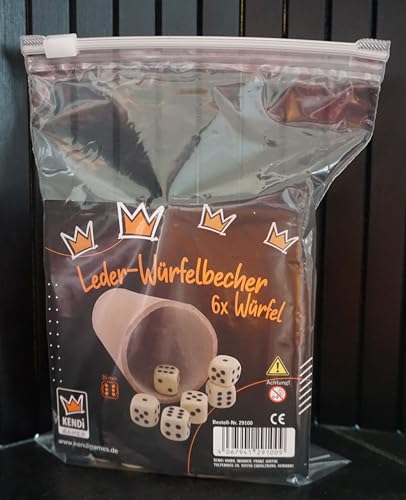 KENDi GAMES Qualitäts Würfelbecher - echt Leder - Höhe 9 cm - Durchmesser 7cm - Set mit 6 elfenbeinfarbigen Würfeln und Kurzanleitung - Play: TOOSMASTER