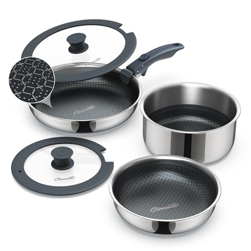 Ciwete 6-Piece Hybrid Stainless Steel Pots and Pans Set Non Stick Tri-Ply Stainless Steel Cookware Set with Lids and Detachable Handle PFOA Free Kitchen Skillet for All Cooktops Dishwasher Safe
