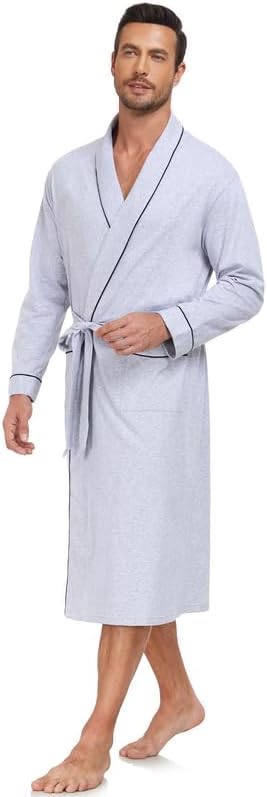 CF Men's 100% Cotton Robe Lightweight Bathrobe Long Sleeve Knit Kimono Sleepwear Soft Knee Length Shower Robe with Pockets - Image 5