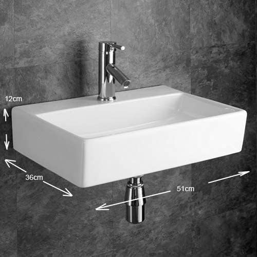 Clickbasin | Counter Top or Wall Hung Rectangle Sink | in White Durable Ceramic | Good Family Size Basin | 510mmm x 360mm Calabria
