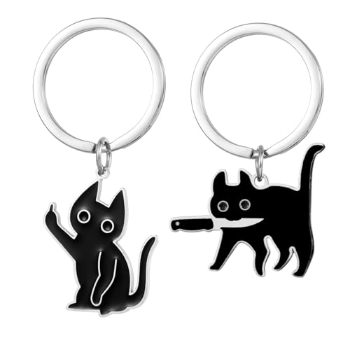 Image of 2Pcs, Cat Keychain, Stainless Steel Keyrings & Keychains, Bag Charms for Handbags and Car Keychain, Black It Is So Cute It Can Be A Cat Lover Gift For Someone Who Loves Cats Very Cute Cat Stuff