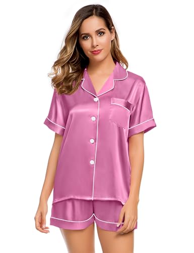 Image of LecGee Womens Silk Satin Pajamas Short Sleeve Loungewear Two-Piece Sleepwear Button-Down Pj Set Mauve Pink X-Large