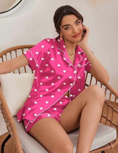 Image of Ekouaer Womens Pajamas Silk Satin Short Sleeve Button Down Pjs Shorts Set