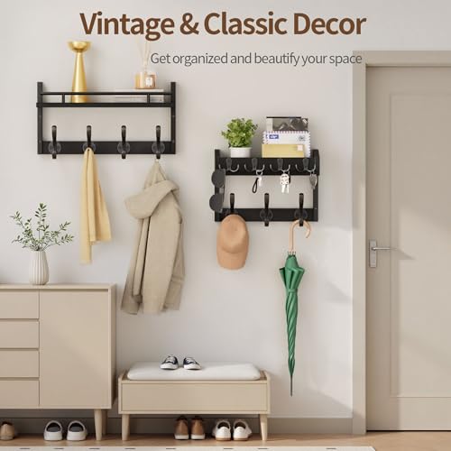 Image of 29 inch Coat Rack Wall Mount with Shelf, Heavy Duty Coat Hooks Wall Mount, Entryway Coat Hanger Wall Shelf with Key Holders and Mail Organizer for Living Room, Bedroom, Bathroom, Black