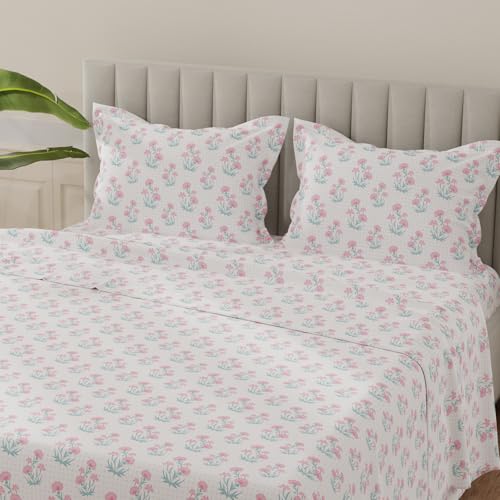 Image of Layers 100% Cotton Bedsheet for King Size Bed | Lumina Floret Collection | 144 TC Soft & Breathable | Printed with 2 Pillow Covers | Wrinkle Free & Colorfast | 3 Piece Bedding Set - Blue & White