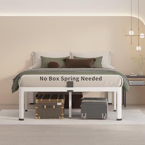 MAF 18 Inch California King Bed Frame White with Round Corner Legs Mattress Slide Stopper No Box Spring Needed Heavy Duty Metal Platform Bed Frames, 3000 LBS Steel Slats Support