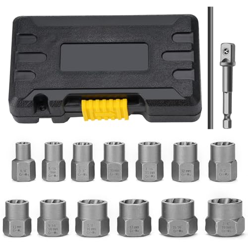 Nut Bolt Extractor Set 15pcs Locking Wheel nut Removal Tool Easy Out Extractor Socket Set Mechanical Tools for Removing Damaged Frozen Broken or Rounded Bolt Nuts and Screw
