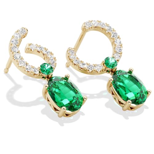 Peora 14K Yellow Gold Created Colombian Emerald and Lab Grown Diamond Open Hoop Drop Earrings, 2.80 Carats Total Oval Shape 8x6mm, Friction Backs, Emerald Gold Earrings, May Birthstone3