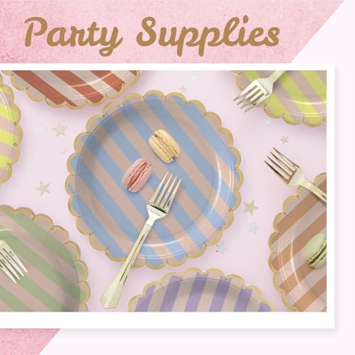 Image of Party Paper Plates, 50-Pack 9-Inch Bulk Disposable Decorative Paper Plates with Gold Scalloped Trim, 6 Colors for Tea Party, Easter, Garden Party, and Bridal Showers, Gilded Pastel Duet Stripes