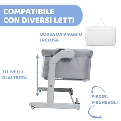 Chicco Next2Me Magic Evo, Culla Neonato Fianco Letto, Con Modalità Dondolo, Spondina Apribile, 11 Livelli Di Altezza, Altezza Regolabile, 4 Ruote, Materasso E Borsa Da Viaggio Inclusi, Grigio Chiaro - 6