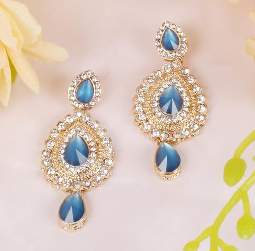 Touchstone Indian Bollywood Desire Handcrafted Contemporary Diamond Look White Rhinestone Faux Turquoise Designer Jewelry Chandelier Earrings In Antique Gold Tone For Women. by Touchstone - Used condition - Image 6