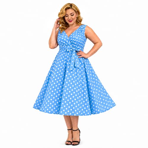 Miss Lavish London Women's Blue and White Polka Dot Dress, Vintage 1950s Sleeveless V Neck Swing Dress with Waist Tie, Retro Cocktail Party Wedding Guest Kentucky Derby Dress, 20
