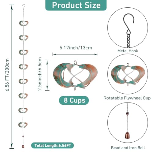 dreamysoul Rain Chains for Outside, 6.56 FT Length with 8 Spinners, Decorative Rain Chains for Gutters, Replacement for Downspout
