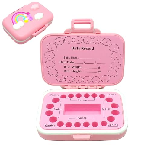 PandaEar Baby Teeth Keepsake Box, Tooth Fairy Storage Holder for Kids, Tooth Saver Organizer Container with Birth Record Chart for Lost Teeth Collection -Pink