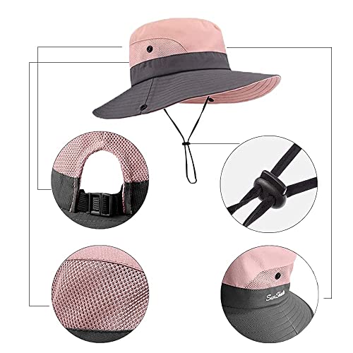 Womens Summer Sun-Hat Outdoor Uv Protection Fishing Hat Wide Brim Foldable-Beach-Bucket-Hat With Ponytail-Hole (Pink) #TOP1