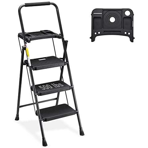 HBTower 3 Step Ladder with Tool Tray, Folding Step Stool with Wide Non-Slip Pedal and Comfort Handgrip for Household and Office, Lightweight 500lbs Capacity Step Ladder, Black Cover
