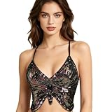 XINCHI Pailletten Schmetterling Oberteil glitzernde Spaghettiträger Top