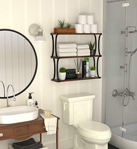 J JACKCUBE DESIGN 3 Tier Wood Floating Shelf, Wall Mounted Wooden Shelves with Curved Metal Brackets for Bedroom, Living Room, Bathroom, Kitchen, Office - MK476C