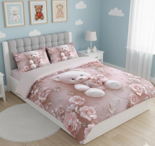 Image of Premium 7D Printed King Size Bedsheet Set with Pillow Covers Soft Cotton Blend Double Bedsheet for Home (Pillow Covers :18x28 inches Bedsheet :90x100 Pink Teddy)
