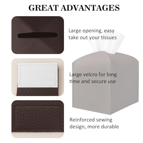 PARIERIS Tissue Box Cover Holder Square Tissue Cube Cover PU Leather Tissue Organizer with Bottom Belt for Bathroom, Tabletop, Car, Night Stands, Office, Home, Kitchen (1, CoffeeBrown) — view 4
