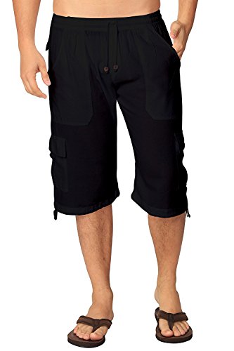 M&B USA Cotton White Loose Fit Summer Cargo Shorts Solid Multi-Pocket Casual Capri Elastic Waistband Pants