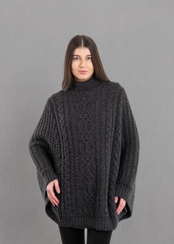 Image of SAOL 100% Merino Wool Cable Knit Ladies Irish Aran Poncho Cardigan