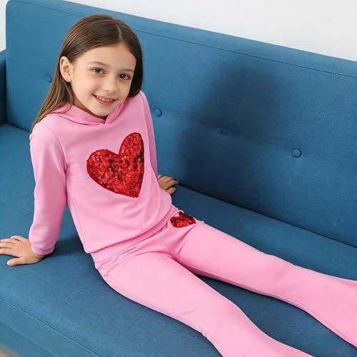 Image of 6-13 Years Girls Clothing Heart Print Hoodie Top + Heart Print Flare Leg Pants 2PC Clothing Set