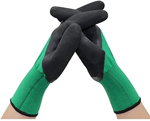 Green Nylon Shell With Black Crinkle Latex Palm Coated Gloves For Gardening, Construction Workers, Mechanics