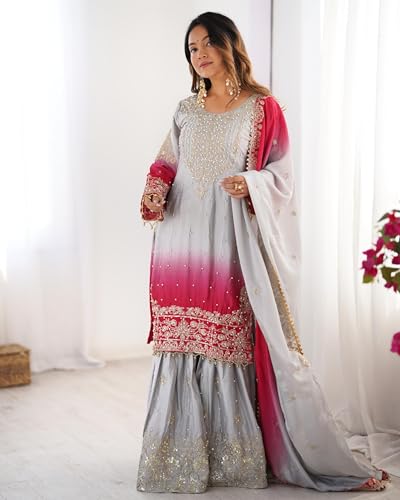 Image of Pandadi Saree Women's Chinon Silk Embroidery Kurta Sharara Set With Dupatta.