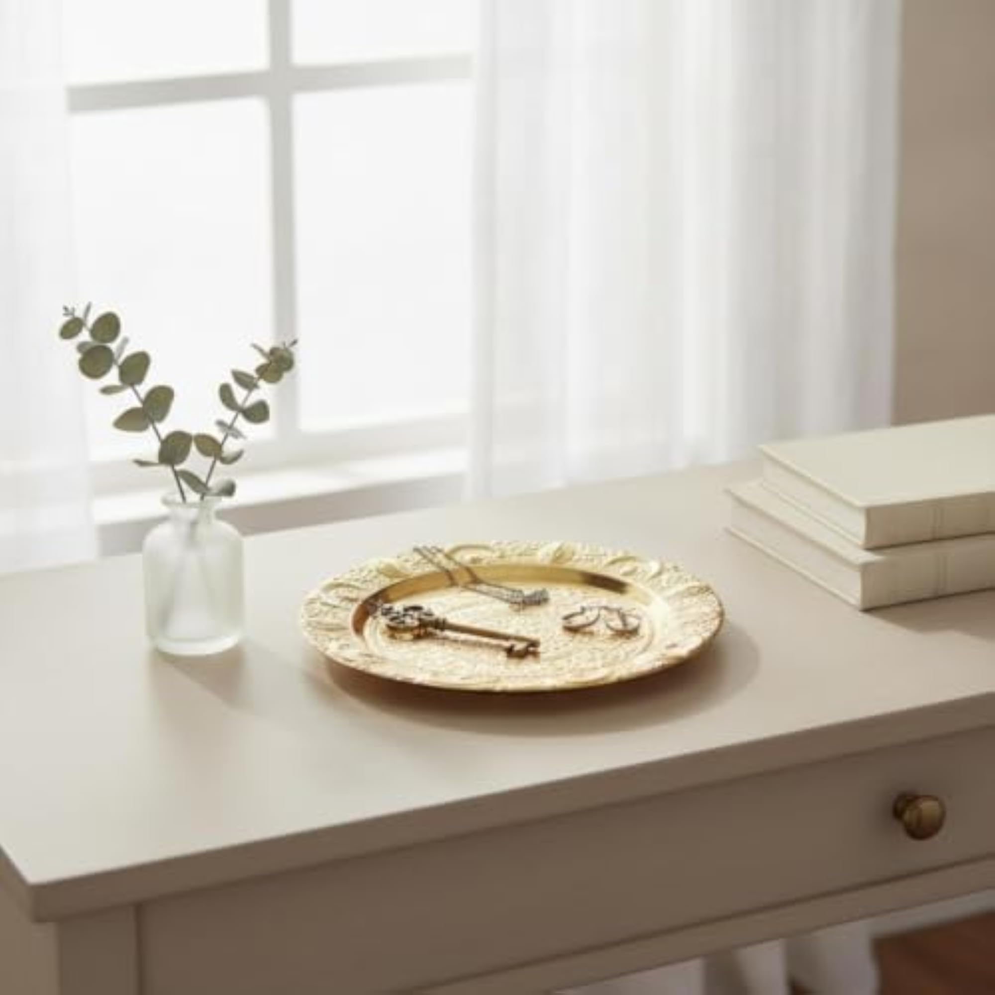 Round Decorative Tray Embossed Ornate for Tabletop