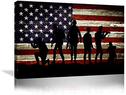 Urttiiyy American Flag Military Soldiers Army Wall Art Canvas Prints Thin Blue Red Line Home Decor Pictures for Living Room Bedroom Painting Framed Ready to Hang - 36''x24''