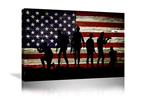 Urttiiyy American Flag Military Soldiers Army Wall Art Canvas Prints Thin Blue Red Line Home Decor Pictures For Living Room Bedroom Painting Framed Ready To Hang - 36''X24'' #TOP2