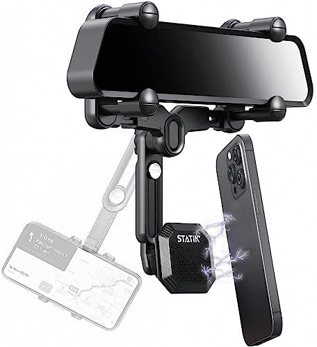 Rearview Mirror Tablet Holder For Car — 360° Rotating Metal Arm, Fits IPad, Galaxy Tab, IPhone, Thick Cases