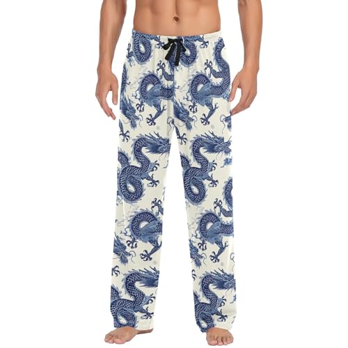 Men’s Chinese Dragon Pattern Pajama Pants with Pockets, Comfortable Lounge Sleep Bottoms#43