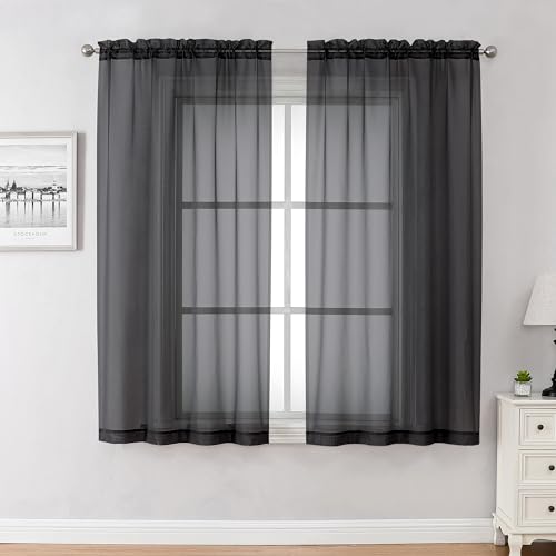 Image of Chyhomenyc Black Sheer Curtains 45 Inches Length 2 Panels, Light Filtering Soft Airy Curtain Drapes for Bathroom Living Room Bedroom Small Windows, Each 42W x 45L inches